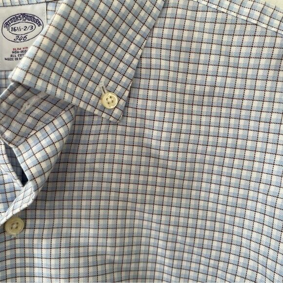 Brooks Brothers White Blue Small Check Slim Fit Cotton Long Sleeve Dress Shirt - Picture 6 of 8